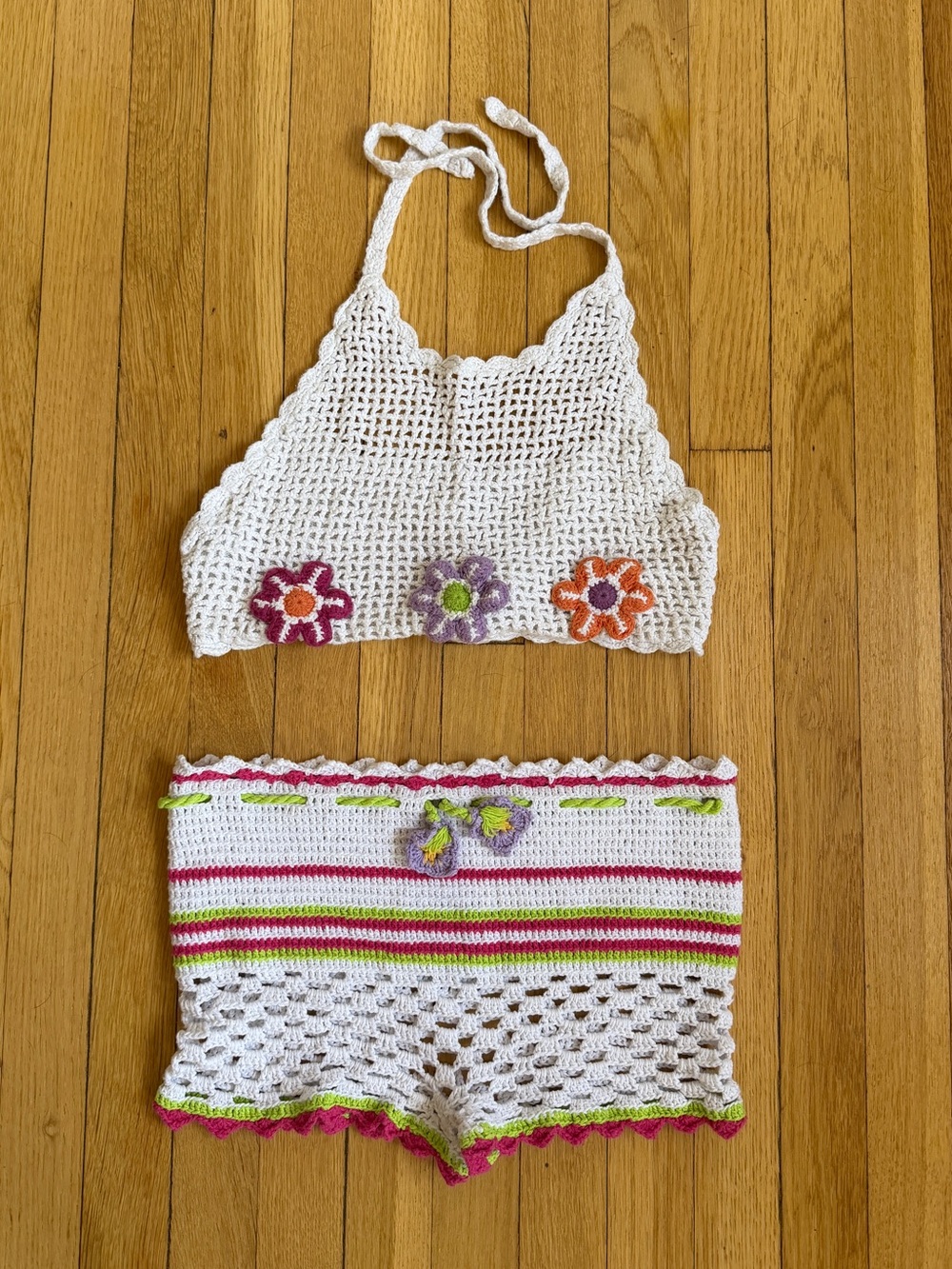 Vintage Handmade knit Crochet Halter Top & micro Shorts Set with Floral Accents